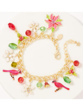 NEW Kirks Folly Poinsettia Cardinal Charm Bracelet - GOLDTONE